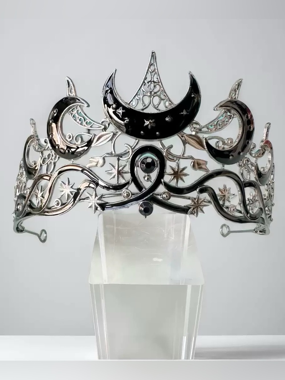 Silver Crescent Moon Tiara Crown - Elegant Women's Accessory